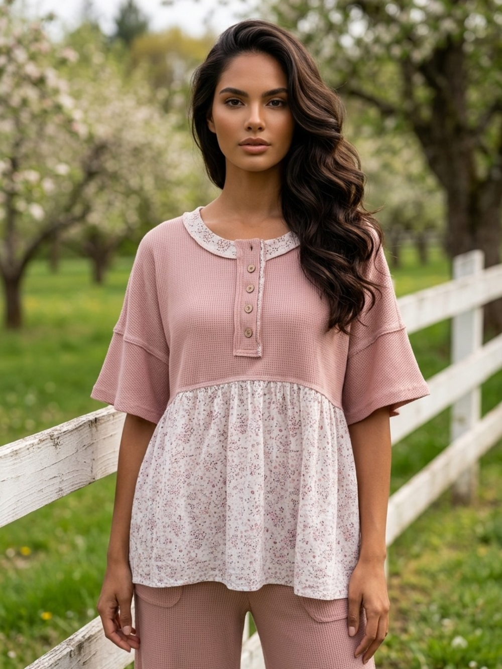 Waffle Knit Pink Mixed-Print Peplum Top - Picture 2 of 12